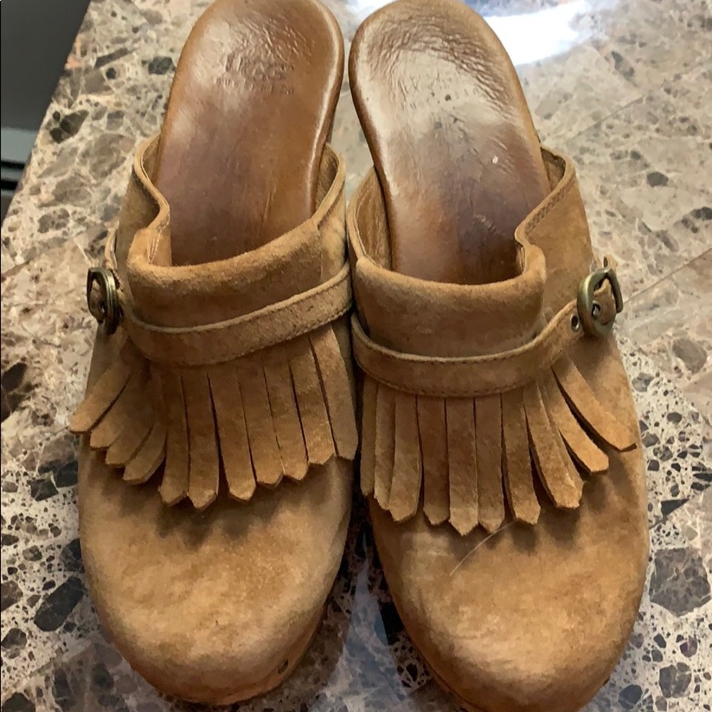 UGG Tan Fringe Clogs With Fur Lining